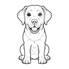 Fototapeta premium Adorable and happy puppy sitting, a charming black and white line art illustration of a young dog with a friendly expression, perfect for coloring books
