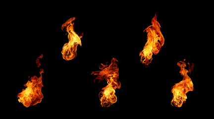 Collection of realistic fire flames isolated on black background, perfect for digital art, design and visual effects. Ideal for explosion scenes burning energy visuals or cinematic action compositions