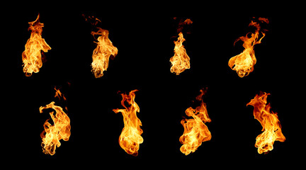 Collection of realistic fire flames isolated on black background, perfect for digital art, design and visual effects. Ideal for explosion scenes burning energy visuals or cinematic action compositions