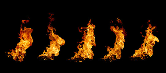 Collection of realistic fire flames isolated on black background, perfect for digital art, design and visual effects. Ideal for explosion scenes burning energy visuals or cinematic action compositions