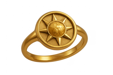 Gold signet ring with sculpted sun symbol