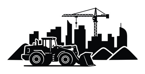 Front loader on construction site. City skyline. Building activity. Urban development with heavy machinery.