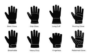 Fototapeta premium Gardening glove icons set, various types of protective hand wear, outline symbols for garden work.