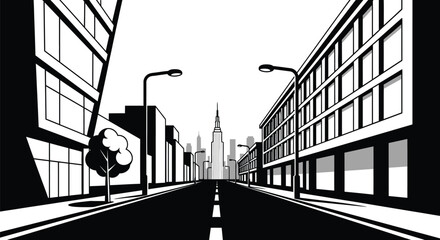 Black and white cityscape illustration with skyscrapers art