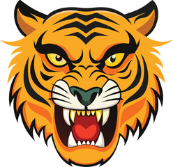 A fierce tiger head illustration with an open mouth and sharp teeth shown