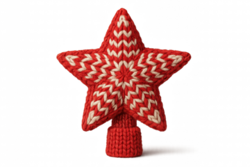 A knitted star tree topper in red and white yarn features a traditional snowflake pattern, showcasing a cozy handmade aesthetic for festive holiday decoration