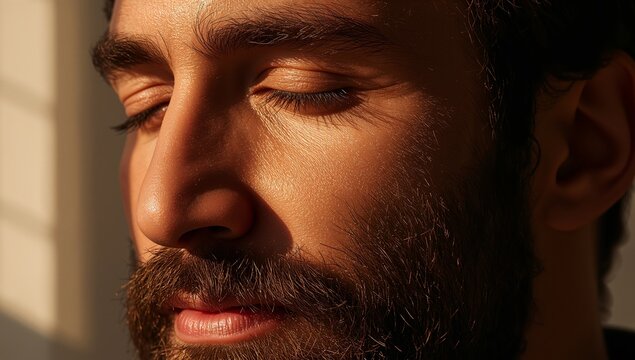Serene Portrait. A Study in Light, Shadow, and Texture on Human Face, Eyes Closed.