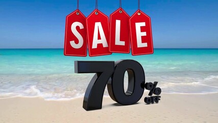 Summer beach promotion with bold 70 percent discount signage and red sale tags for holiday marketing video - Powered by Adobe