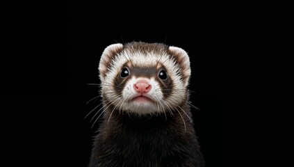 Portrait of an Animal in Dark Tones with Furry Texture, White Patches and Pink Nose.