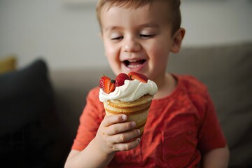 Smiling Boy Holding a Strawberry Shortcake Cone