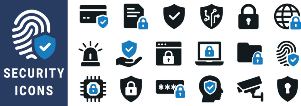 Collection of security and protection icons in blue and black lock shield