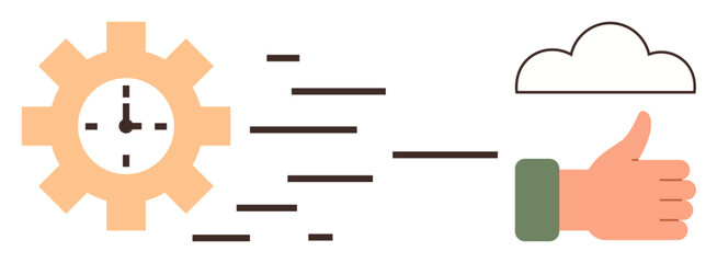 Gear with clock, dynamic lines, cloud, and thumbs-up hand. Ideal for productivity, teamwork, optimization, cloud workflow speed efficiency success. Modern minimal flat metaphor