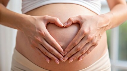 Pregnant woman forming a heart shape with her hands over her belly, symbolizing love and anticipation for her baby.