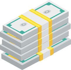 Isometric depiction of multiple stacks of united states currency secured with bands