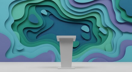 White podium against a layered paper cut background in shades of blue