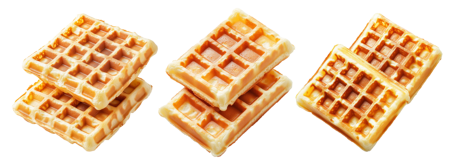 Close-up of two crispy golden waffles stacked together isolated on white background, concept of breakfast and sweet food