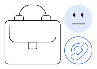 Minimalistic briefcase, neutral face, and phone icon representing business, communication, professionalism, remote work, career planning, freelancing, and work-life balance in a simple flat metaphor