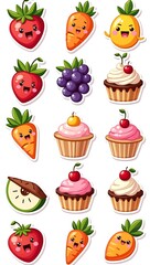 Set of cute food sticker vector, lovely snack doodle pattern with funny expressive fruits, veggies, desserts, adorable characters for T-shirt, sticker, print, food branding.