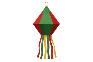 A red and green paper festival lantern with yellow ribbons hanging from the bottom, a traditional geometric decoration for a holiday or cultural celebration