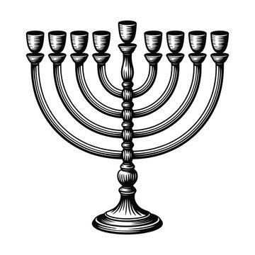 An antiquestyle handdrawn illustration of a traditional jewish menorah, a ninebranched candelabrum used during hanukkah, isolated on