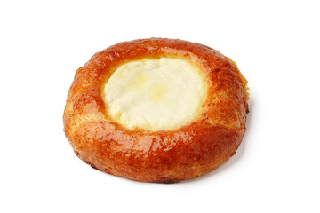 Delicious pastry filled with creamy cheese on a white background