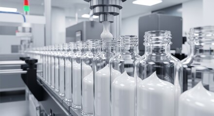 Automated filling of glass bottles with a cream product during a production process in a factory.