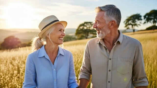 Joyful senior couple walking through a golden field at sunset, sharing a happy moment