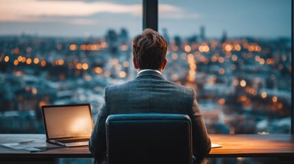 Executive in office overlooking cityscape at dusk or dawn modern business