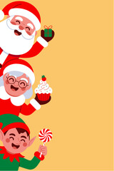 Santa Claus, Mrs. Claus, and elf with gifts and treats picking from left side on warm yellow background