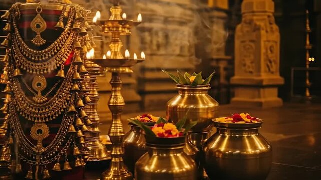 Kavadi Aatam Ritual Decor with Murugan Idols and Traditional Brass Lamps for Thaipusam Festival