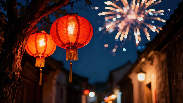 Traditional Chinese lanterns glowing with fireworks in the night sky - Powered by Adobe