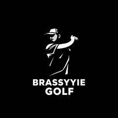 Fototapeta premium A black and white logo featuring a stylized silhouette of a male golfer in mid-swing, with the text 