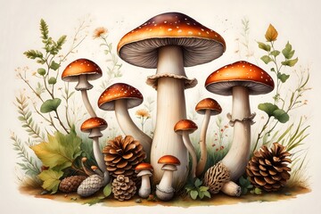 Watercolor Illustration of Vibrant Fly Agaric Mushrooms in Forest Floor