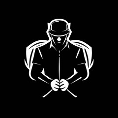 A powerful and intimidating sports mascot of a man in a hat holding two clubs, depicted in a white graphic on a black background.