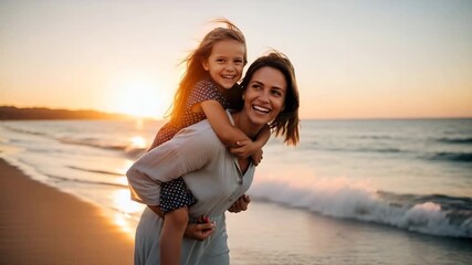Happy mother giving her daughter a piggyback ride on the beach at beautiful sunset