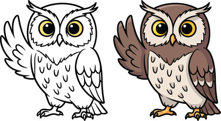 Obraz premium Cute cartoon horned owl with big eyes waving shown as a colored illustration and a black and white line art version.