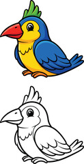 Obraz premium Cute cartoon parrot with blue wings yellow chest and green crest shown in color and line art.