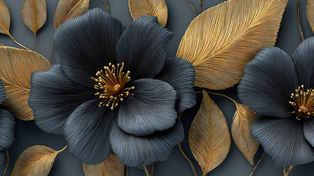 3d black flower with golden leaves