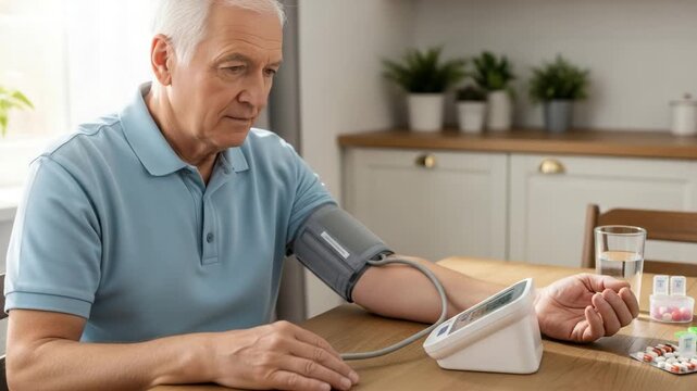 Senior man checking his blood pressure at home, monitoring health and wellbeing