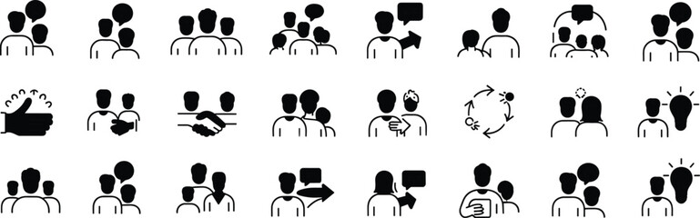 Business Communication, Teamwork, Collaboration, Partnership, Meeting, Discussion, Group, Idea Generation, Relationship, Handshake, Feedback, Social Network, Icons, Black and White, Vector, Set, Co,
