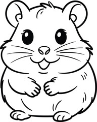 Chubby cartoon hamster line art illustration, ideal for children's coloring pages, showcasing an adorable, cheerful pet rodent with a friendly smile, black and white outline vector