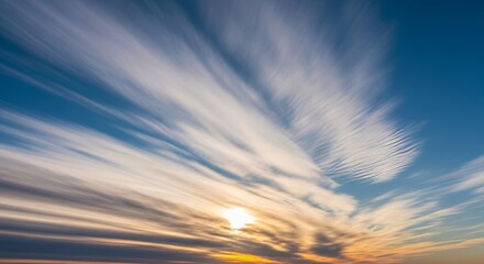 Sky with white clouds during sunset, beautiful and calm, ideal for travel and advertising.
