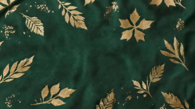 Emerald fabric with gold leaf patterns and accents. The leaves form a border
