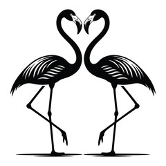 Obraz premium Two elegant black flamingo silhouettes forming a heart shape with their necks, symbolizing love and romance, isolated on