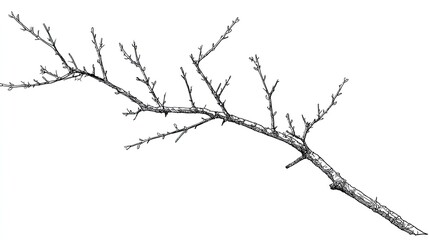 Fototapeta premium Detailed pen and ink drawing depicts a bare tree branch extending diagonally across a white background.