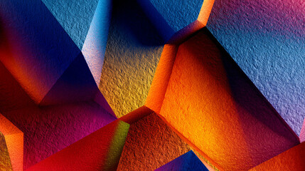Abstract colorful polygonal shapes with textured surface and dramatic lighting creating depth