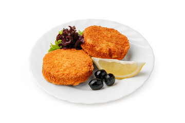 Deliciously crispy fish patties served with olives and lemon wedge for a fresh meal