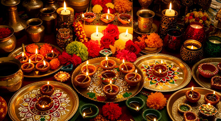 Vibrant Diwali Night With Diyas, Rangoli Plates, Colorful Flowers, Candles, Brass Decor And Celebration
