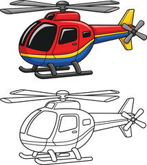 Vibrant red and blue cartoon helicopter illustration shown with its black and white line art outline.