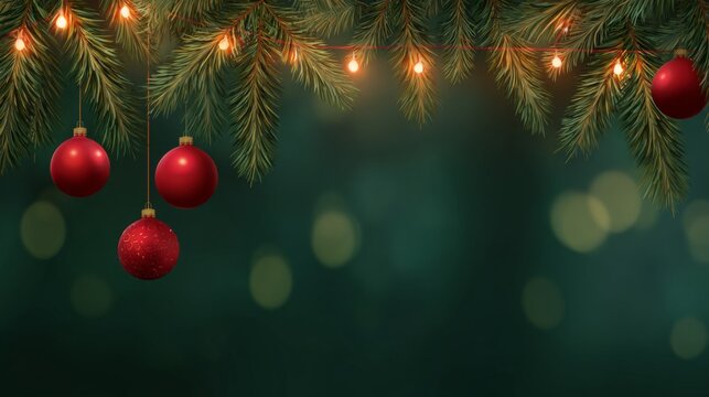 Merry Christmas and happy new year sale banner template with pine garland red baubles and festive lights on dark green background